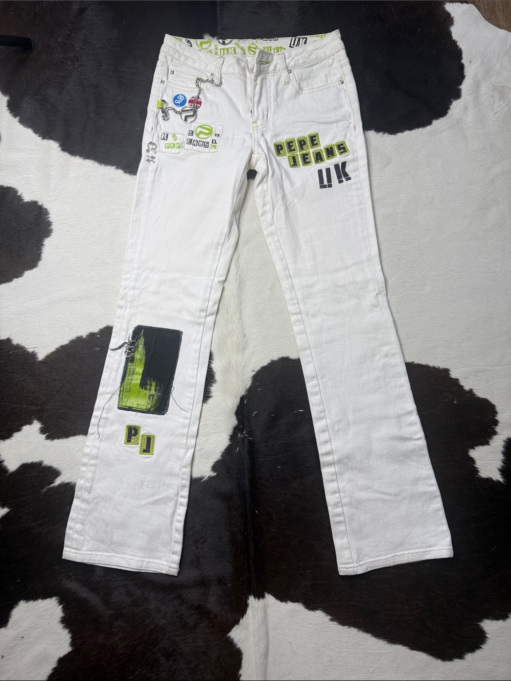 Pepe Jeans White Bootcut Jeans with Neon Green & Black Graphics